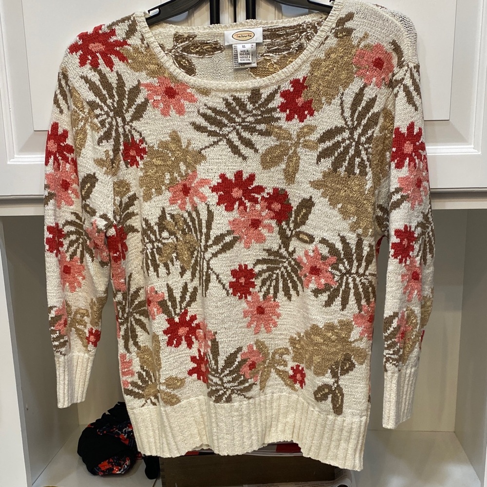 Talbots Floral Crew Neck Sweater - Cream, Red, Tan